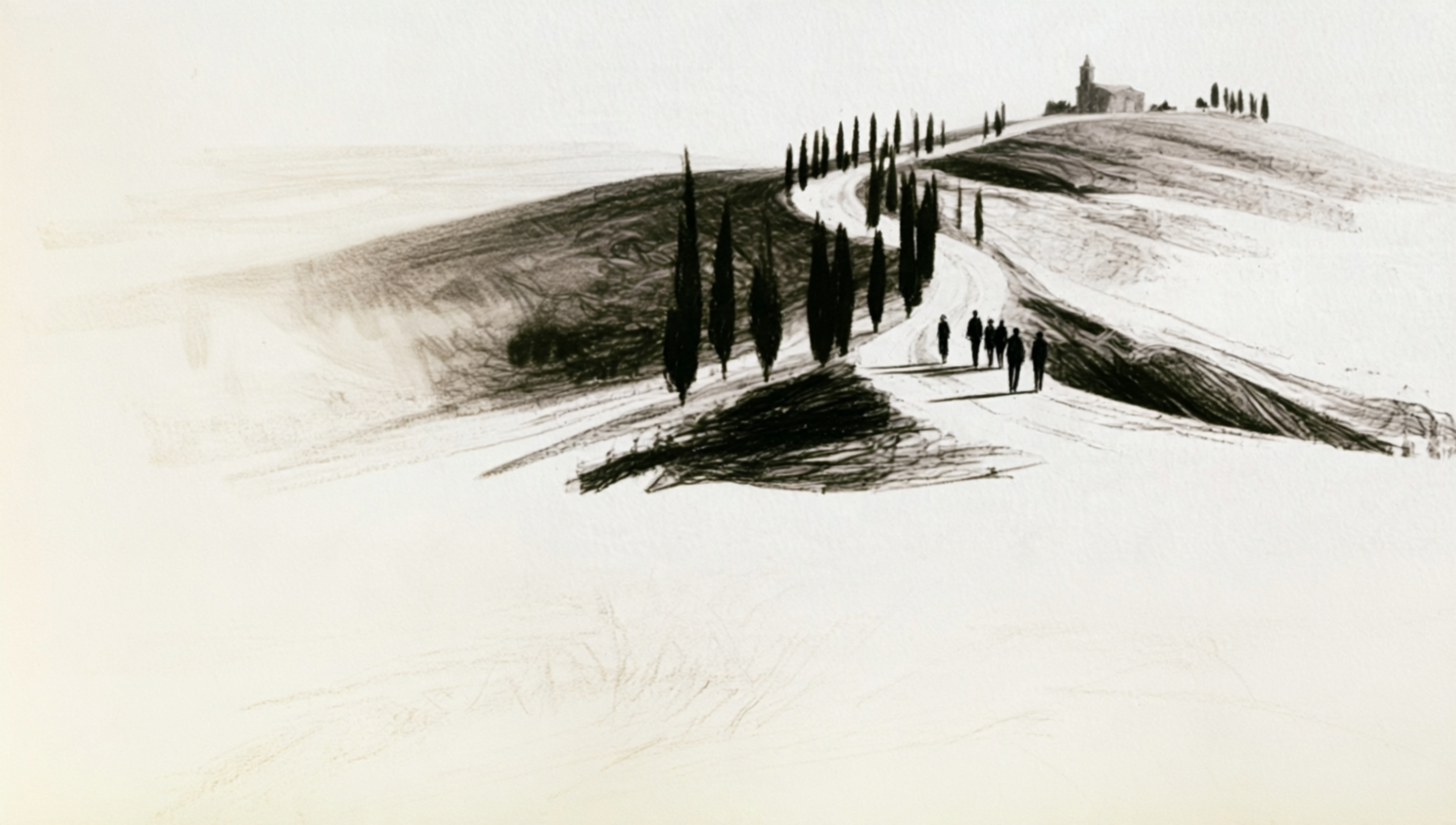 Ink illustration of a cypress-lined path winding uphill toward a small hilltop church, figures walking the road, with open paper space above and below